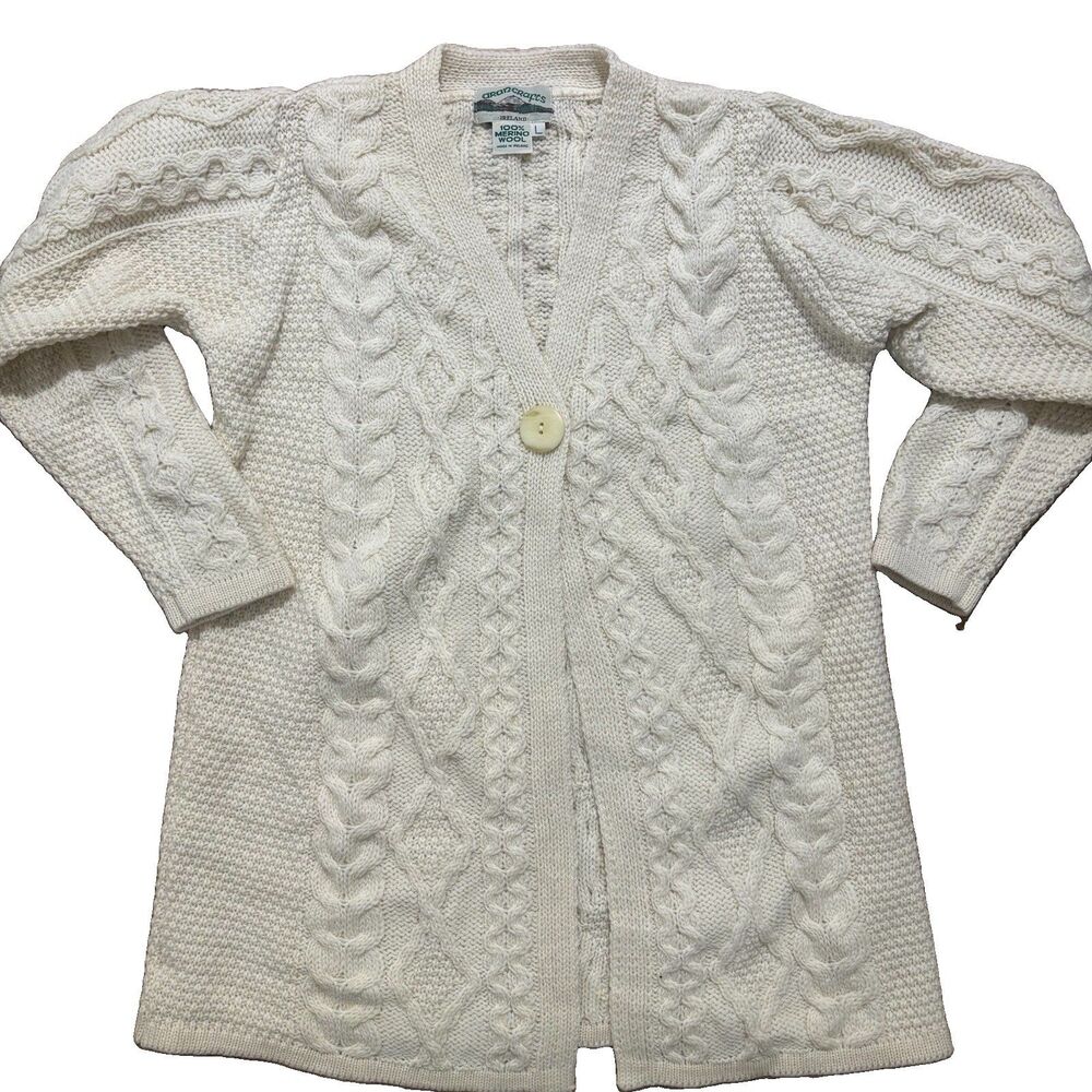 Aran Crafts Ireland Cardigan Sz Large Merino Wool Cable Knit Sweater Cottagecore